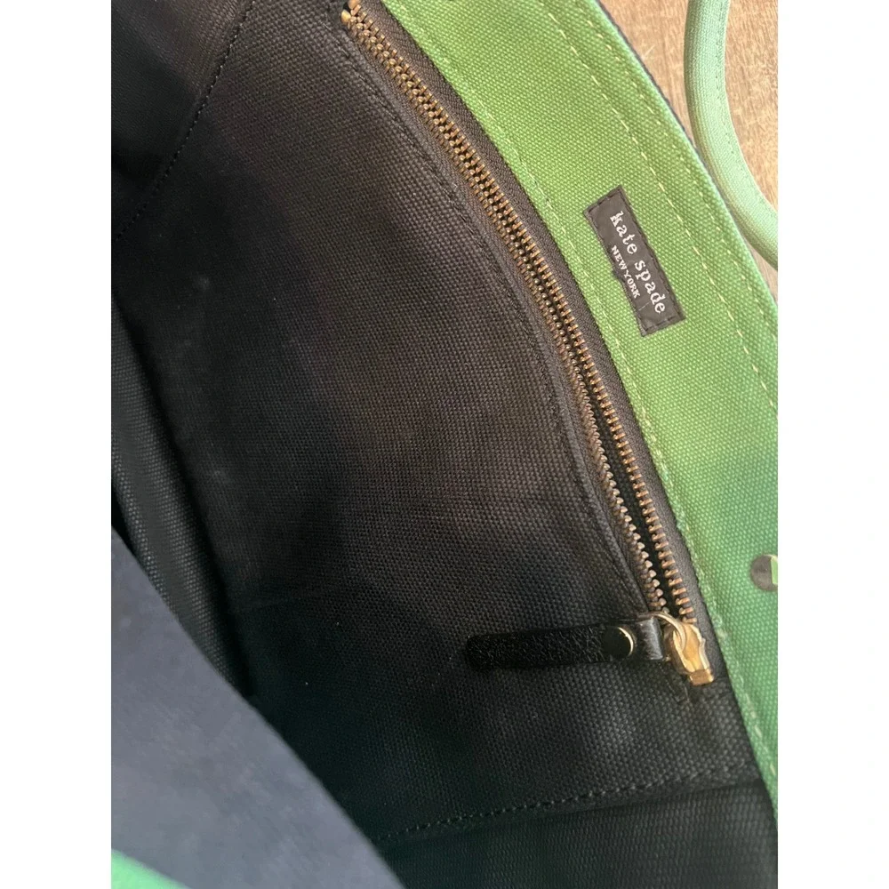 Kate Spade New York Canvas Tote Bag Black With Green Handles Bold Logo Chic